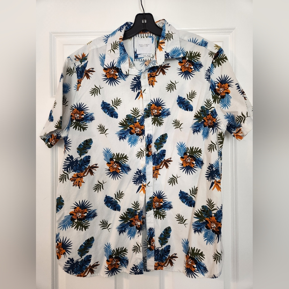 Cactus White Short-Sleeve Floral Button-Down Shirt with Blue and Orange Print